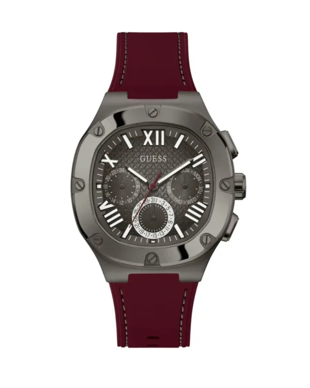 Montre Guess GW0571G4 grise avec bracelet en silicone bordeaux pour homme au Maroc.