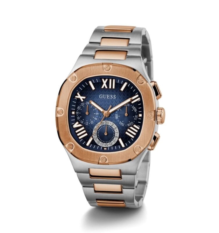 Montre Guess GW0572G4 Headline bicolore acier et or rose avec cadran bleu pour homme au Maroc.