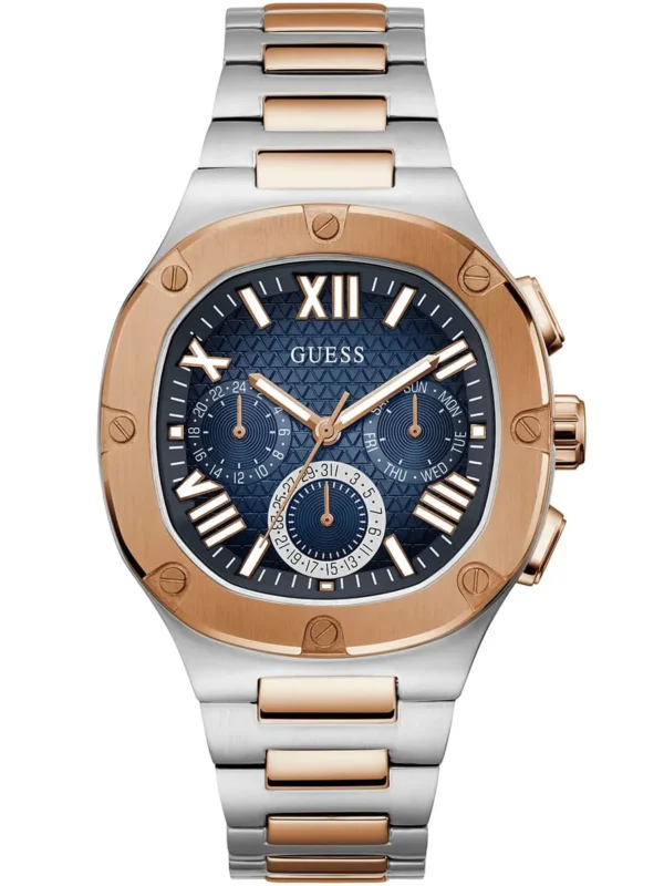 Montre Guess GW0572G4 Headline bicolore acier et or rose avec cadran bleu pour homme au Maroc.