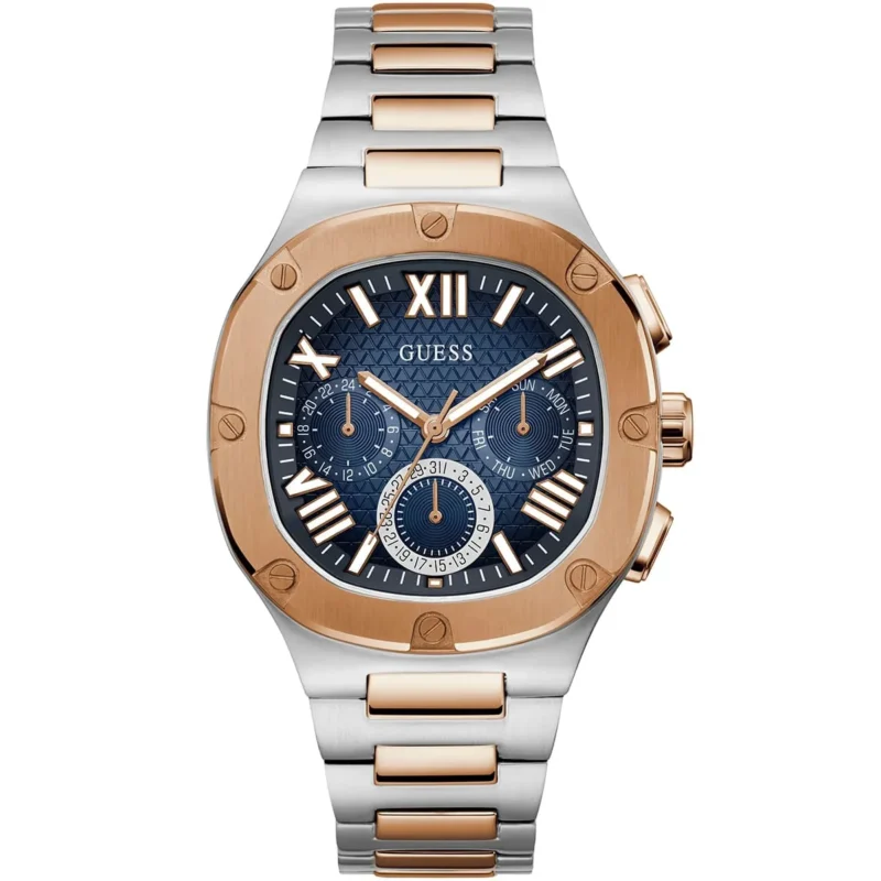 Montre Guess GW0572G4 Headline bicolore acier et or rose avec cadran bleu pour homme au Maroc.