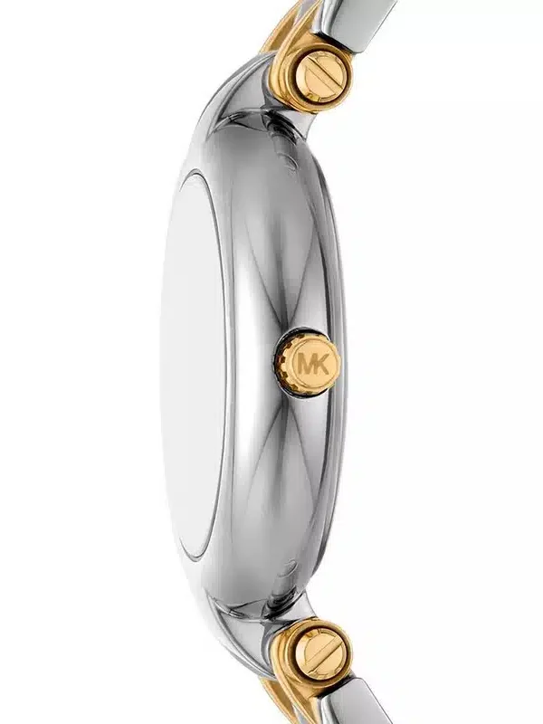 Vue de profil de la montre Michael Kors Laney MK4895, montrant les détails de la couronne dorée.