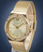 Vue en angle de la montre Michael Kors femme cristaux MK7335 dorée, montrant la lunette pavée et le cadran soleillé au Maroc.