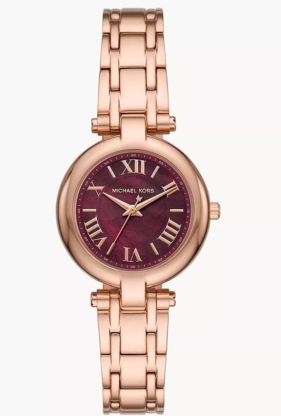 Montre Femme Michael Kors Laney MKO1084 Bordeaux et Or Rose Montre Michael Kors MKO1084 Laney en or rose avec cadran bordeaux pour femme au Maroc.