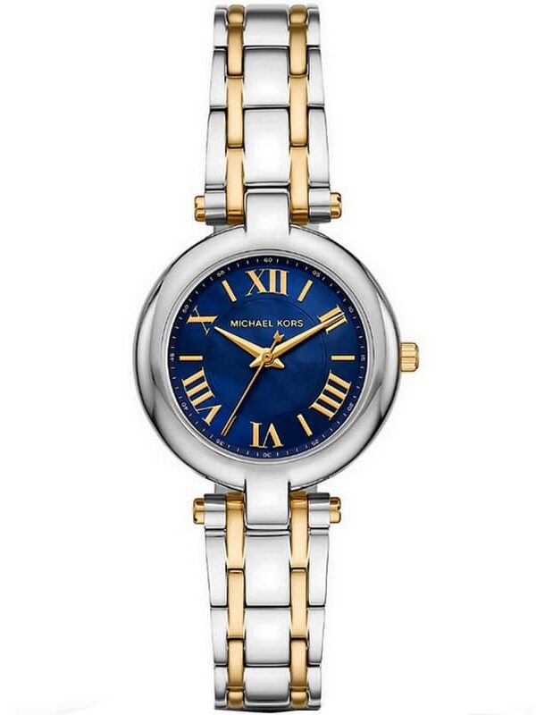 Montre Michael Kors MKO1085 Laney bicolore en acier et doré avec cadran bleu pour femme au Maroc.