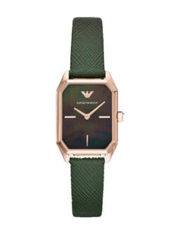 Petite montre femme bracelet cuir vert Emporio Armani AR11149 avec boîtier or rose rectangulaire pour femme au Maroc.