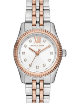 Petite montre femme Michael Kors MK4817 bicolore (argenté et or rose) avec lunette cannelée pour femme au Maroc.