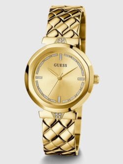 Vue de face de la montre Guess femme dorée bracelet texturé GW0613L2 (34mm) sur fond clair au Maroc.