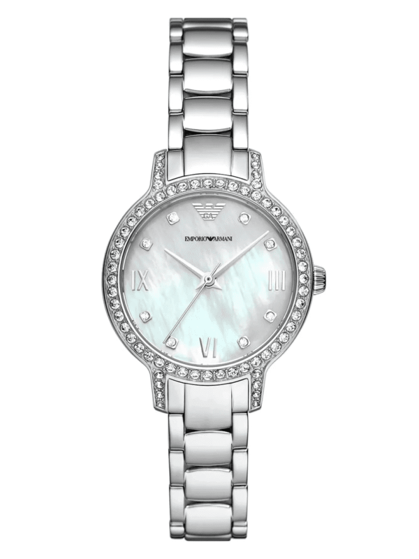 Montre Emporio Armani Cleo AR11484 en acier avec cadran nacre blanche et cristaux pour femme au Maroc.