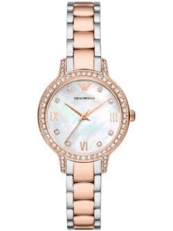 Montre Emporio Armani Cleo AR11499 bicolore or rose avec cadran nacre et cristaux pour femme au Maroc.