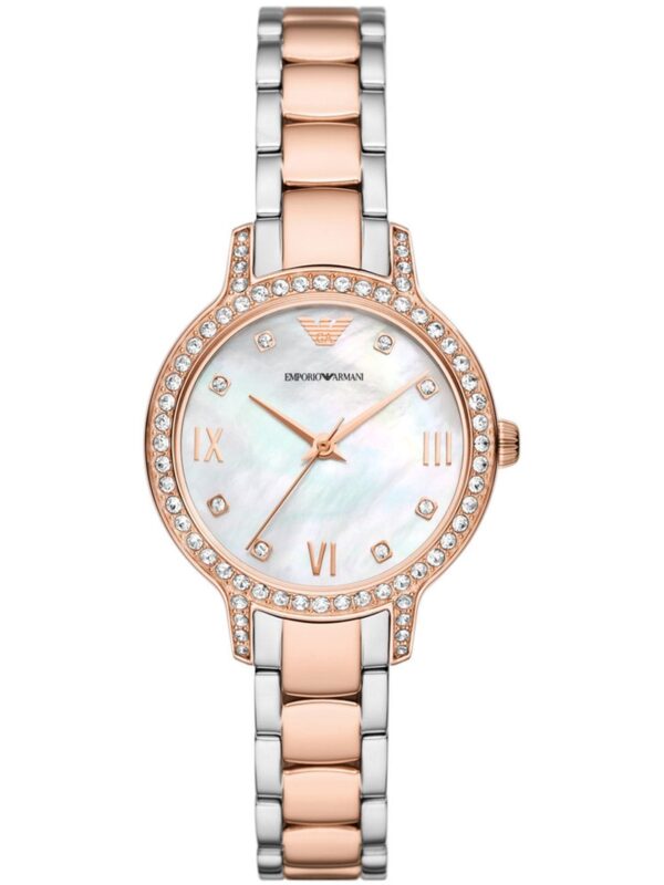 Montre Emporio Armani Cleo AR11499 bicolore or rose avec cadran nacre et cristaux pour femme au Maroc.