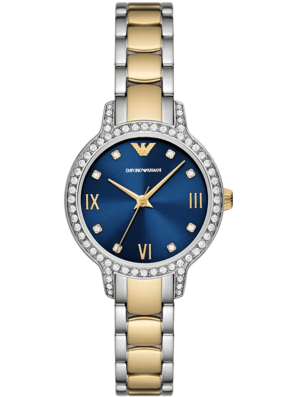 Montre Emporio Armani Cleo AR11576 bicolore or jaune avec cadran bleu nuit et cristaux pour femme au Maroc.