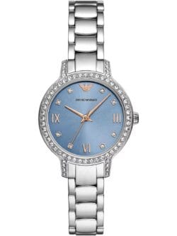 Montre Emporio Armani Cleo AR11585 en acier avec cadran bleu clair et cristaux pour femme au Maroc.