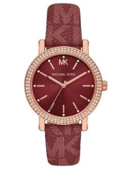 Montre femme cuir rouge Michael Kors MKO1025 avec boîtier or rose et lunette cristaux pour femme au Maroc.