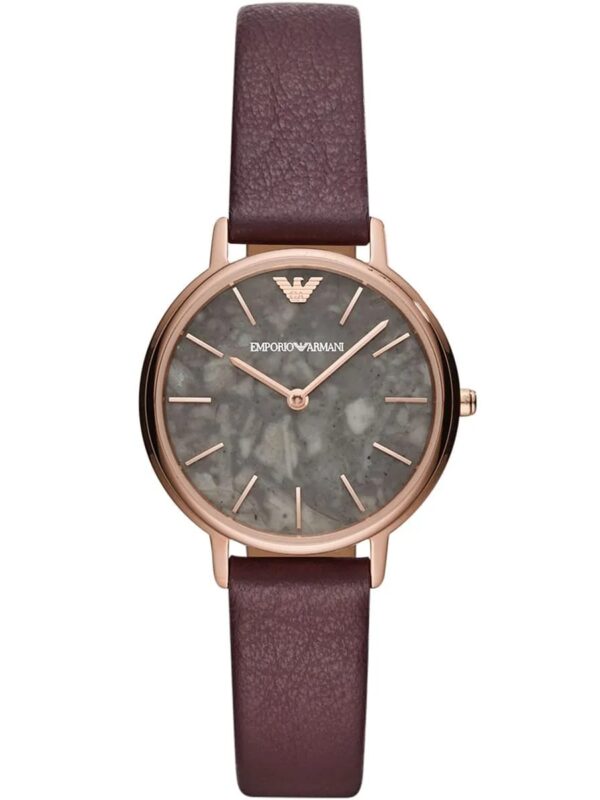 Montre femme Emporio Armani AR11172 dans son écrin avec bracelet cuir prune.
