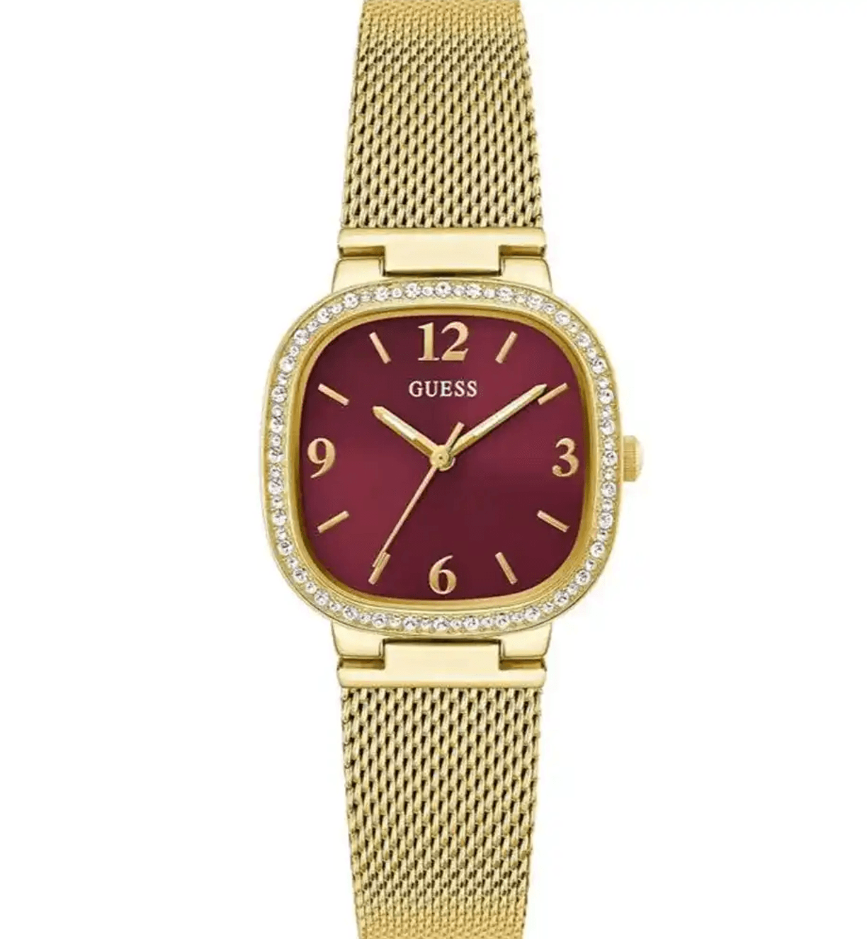 Montre Guess Or et Rouge GW0354L4 Montre femme Guess GW0354L4 dorée avec cadran rouge bordeaux.