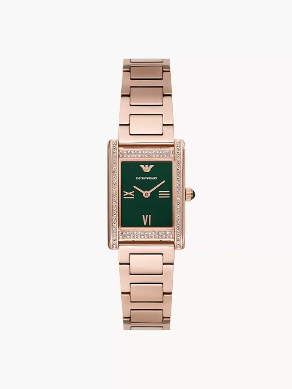 Montre femme or rose cadran vert Emporio Armani AR11641 rectangulaire avec cristaux pour femme au Maroc.