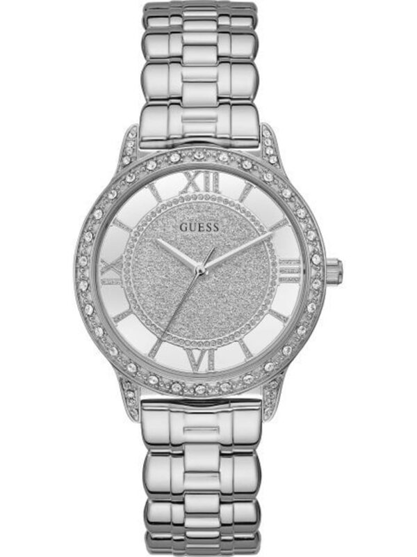 Montre Guess femme cadran pailleté W1013L1 (argentée, 38mm) avec lunette cristaux et anneau transparent pour femme au Maroc.