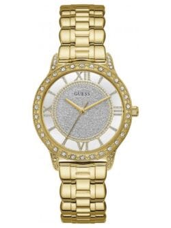 Montre Guess femme cadran pailleté W1013L2 (dorée, 38mm) avec lunette cristaux et anneau transparent pour femme au Maroc.