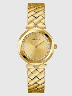 Montre Guess femme dorée bracelet texturé GW0613L2 (34mm) avec cadran doré et cristaux, vue de face studio au Maroc.