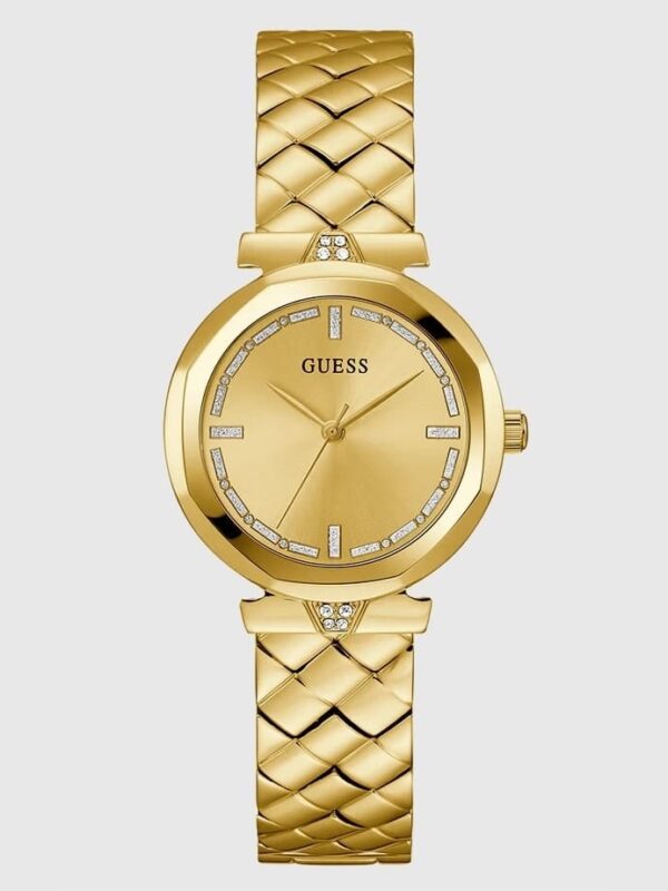 Montre Guess femme dorée bracelet texturé GW0613L2 (34mm) avec cadran doré et cristaux, vue de face studio au Maroc.