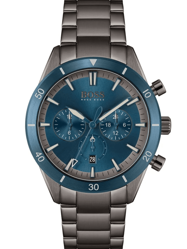 Montre homme Hugo Boss 1513863 cadran bleu et acier gris foncé.