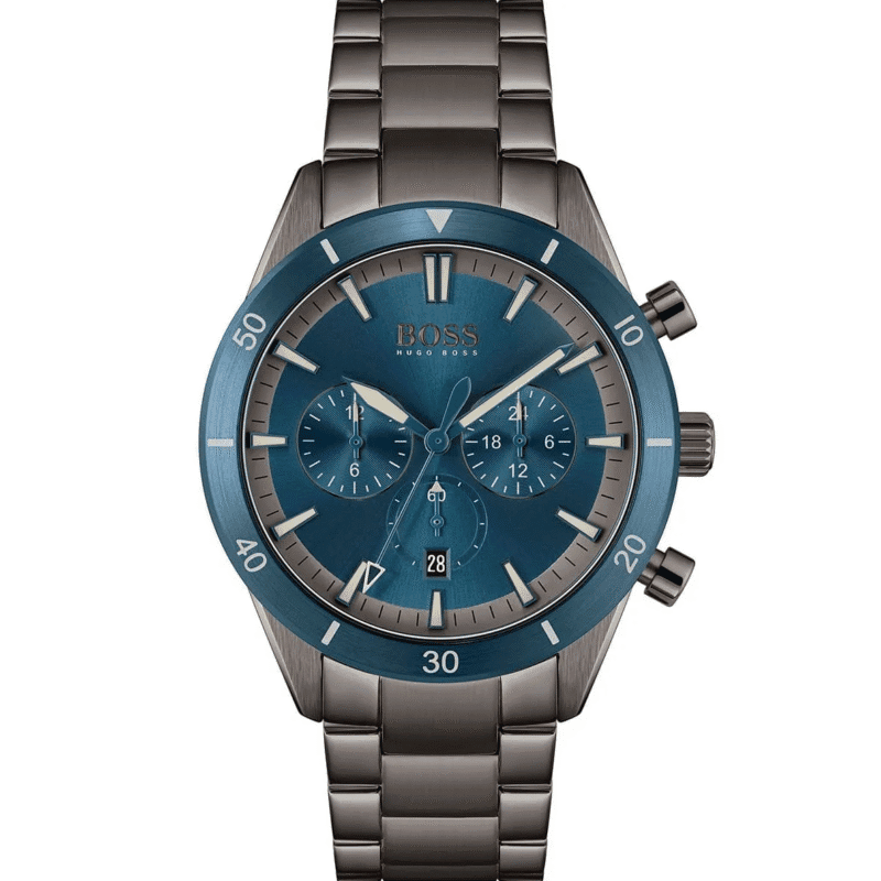 Montre homme Hugo Boss 1513863 cadran bleu et acier gris foncé.