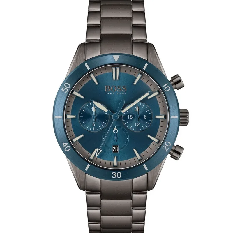 Montre homme Hugo Boss 1513863 cadran bleu et acier gris foncé.