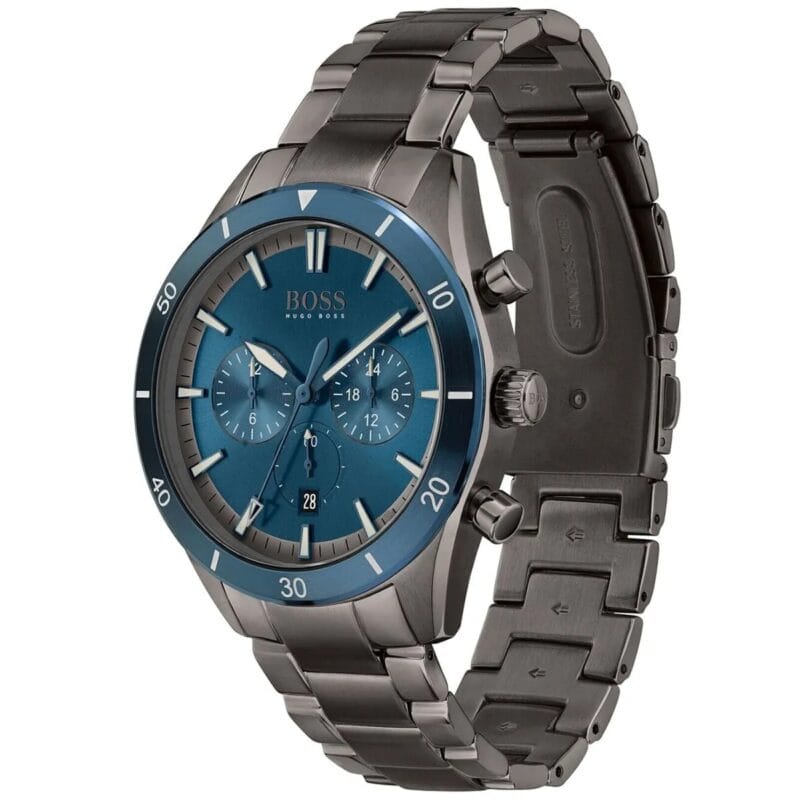 Profil et boutons poussoirs de la montre chronographe Hugo Boss 1513863.