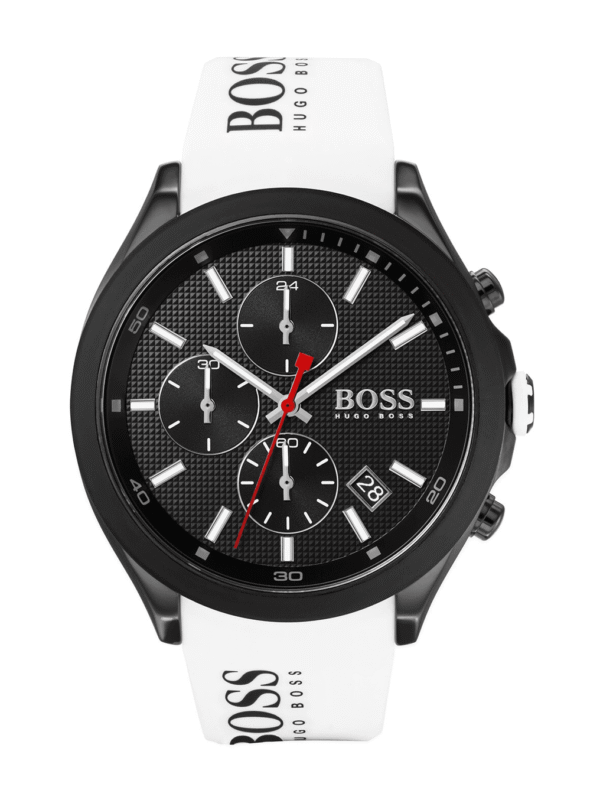 Montre Boss homme silicone blanc 1513718 avec boîtier noir et cadran chronographe texturé pour homme au Maroc.