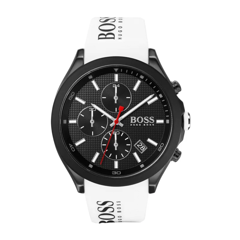 Montre Boss homme silicone blanc 1513718 avec boîtier noir et cadran chronographe texturé pour homme au Maroc.