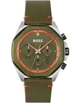 Cadran vert olive et orange de la montre Hugo Boss Cloud 1514018, design sport homme.