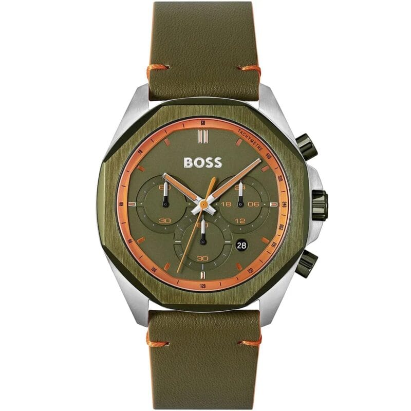 Cadran vert olive et orange de la montre Hugo Boss Cloud 1514018, design sport homme.