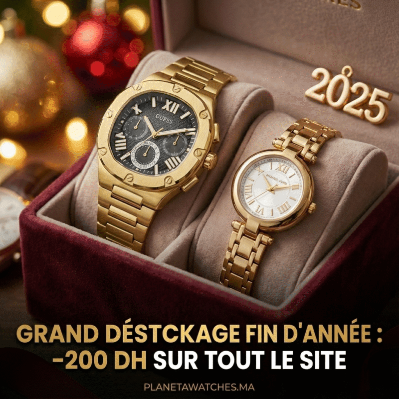 Déstockage montres Maroc : coffret cadeau montre dorée Guess homme et Michael Kors femme pour promo fin d'année