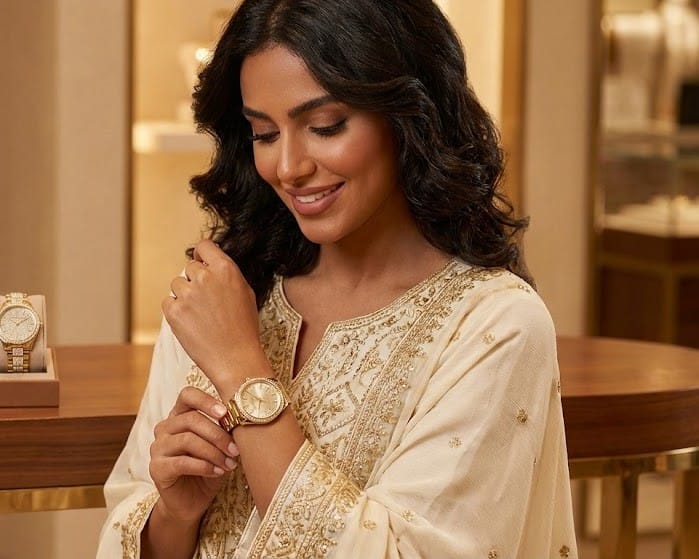 femme arabe portant montre Michael Kors dorée pas chère au Maroc