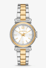 Montre Femme Michael Kors MK7492 Liliane bicolore, lunette avec logo et cristaux, cadran blanc pour femme au Maroc.
