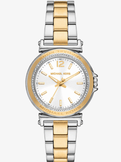 Montre Femme Michael Kors MK7492 Liliane bicolore, lunette avec logo et cristaux, cadran blanc pour femme au Maroc.