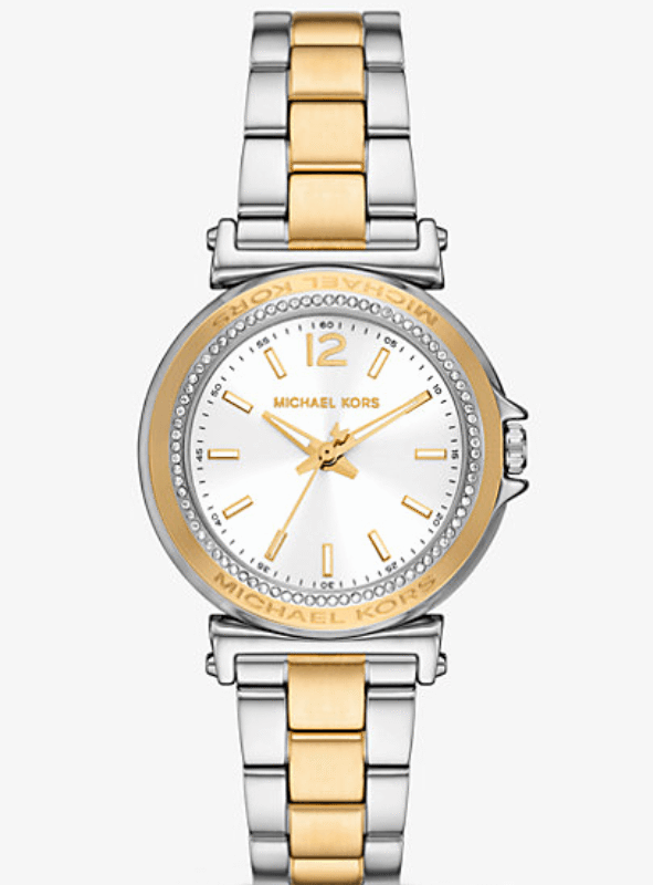 Montre Femme Michael Kors MK7492 Liliane bicolore, lunette avec logo et cristaux, cadran blanc pour femme au Maroc.