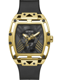 Montre Guess GW0500G1 Legend pour homme avec boîtier carré en acier doré 44mm, cadran noir géométrique et bracelet silicone noir, mouvement quartz japonais