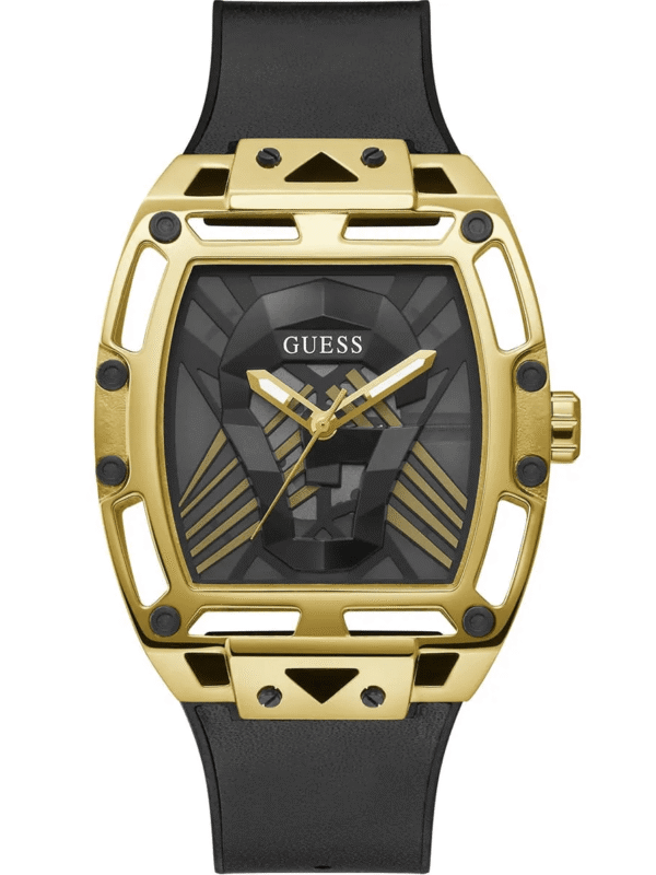Montre Guess GW0500G1 Legend pour homme avec boîtier carré en acier doré 44mm, cadran noir géométrique et bracelet silicone noir, mouvement quartz japonais