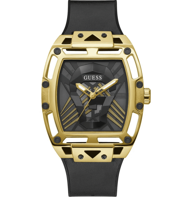 Montre Guess GW0500G1 Legend pour homme avec boîtier carré en acier doré 44mm, cadran noir géométrique et bracelet silicone noir, mouvement quartz japonais