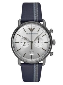 Montre Homme Emporio Armani AR11202 cadran argent et bracelet cuir bleu.