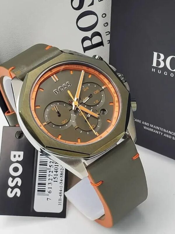 Montre Hugo Boss Cloud 1514018 vert olive et orange avec sa boîte, idée cadeau homme Maroc.