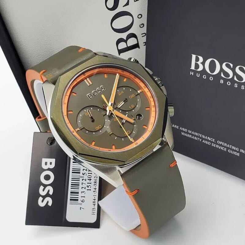 Montre Hugo Boss Cloud 1514018 vert olive et orange avec sa boîte, idée cadeau homme Maroc.