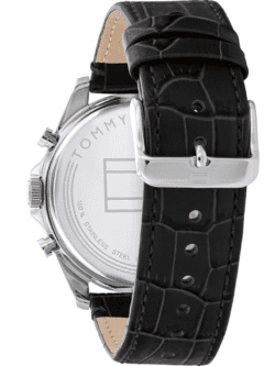 Fond de boîtier montre Tommy Hilfiger Baker 1710449 en acier inoxydable avec gravure marque authentique, étanchéité 50m, bracelet cuir noir véritable