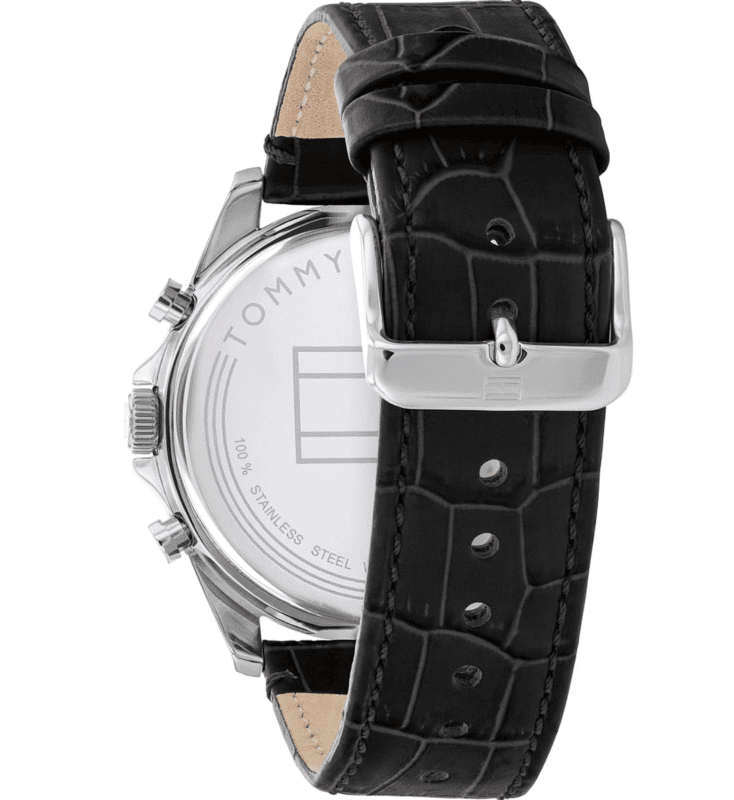 Fond de boîtier montre Tommy Hilfiger Baker 1710449 en acier inoxydable avec gravure marque authentique, étanchéité 50m, bracelet cuir noir véritable