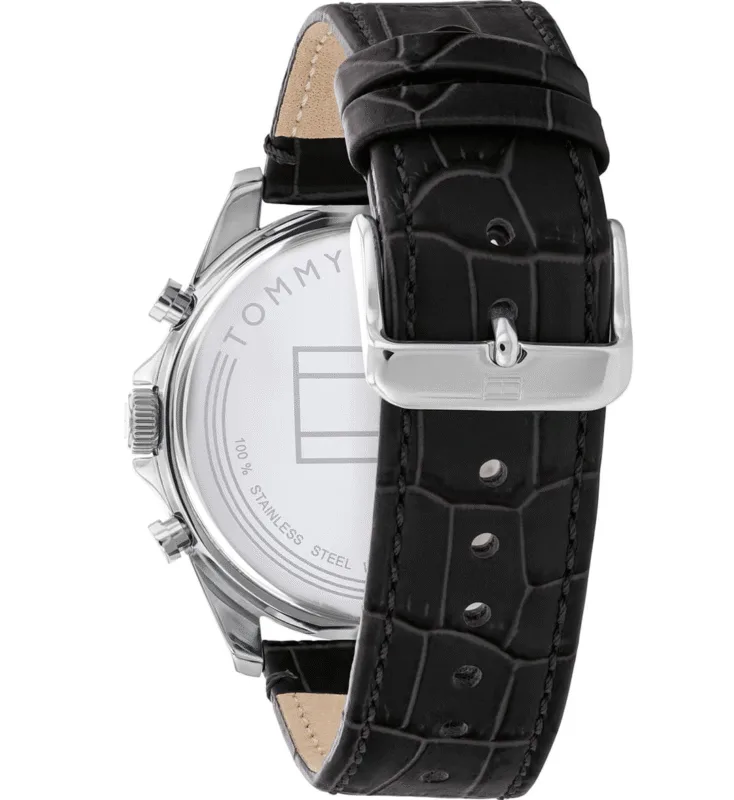 Fond de boîtier montre Tommy Hilfiger Baker 1710449 en acier inoxydable avec gravure marque authentique, étanchéité 50m, bracelet cuir noir véritable