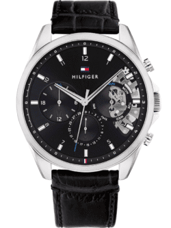 Montre Tommy Hilfiger Homme 1710449 Cadran noir avec détails squelette argentés, logo drapeau tricolore, index luminescents, sous-cadrans date et jour, bracelet cuir croco noir