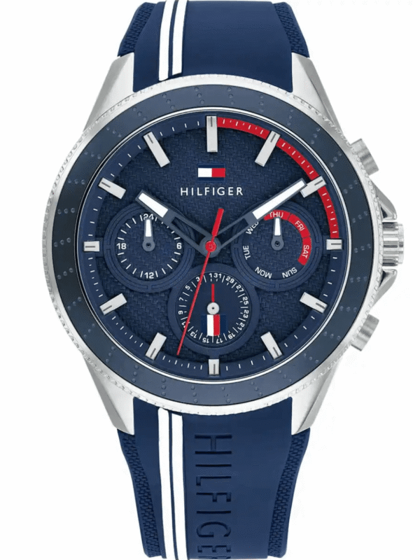 Montre Homme Tommy Hilfiger Aiden 1791859 bleue, cadran multifonction et bracelet silicone pour homme au Maroc.