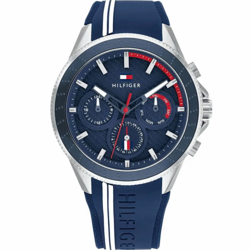 Montre Homme Tommy Hilfiger Aiden 1791859 bleue, cadran multifonction et bracelet silicone pour homme au Maroc.