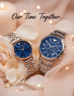 Coffret Saint Valentin montre Couple Emporio Armani AR2448 et AR11092 sur fond romantique.